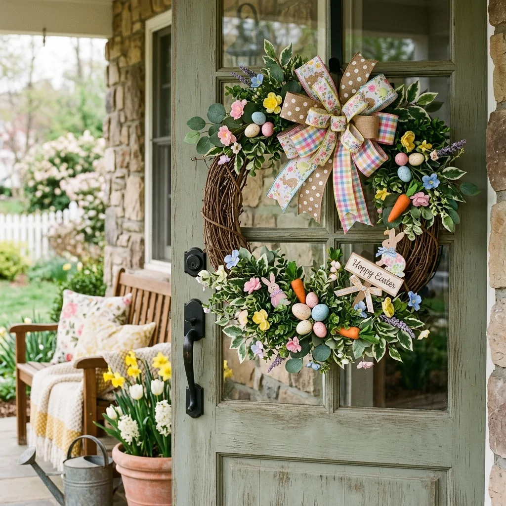 Farmhouse grapevine Easter wreath with greenery and ribbon